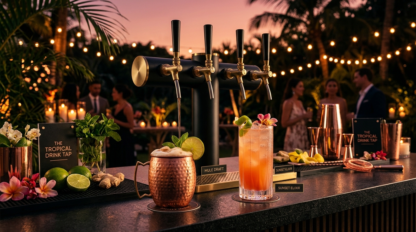 Mesa de bar com chopeira de drinks e iluminação de luau